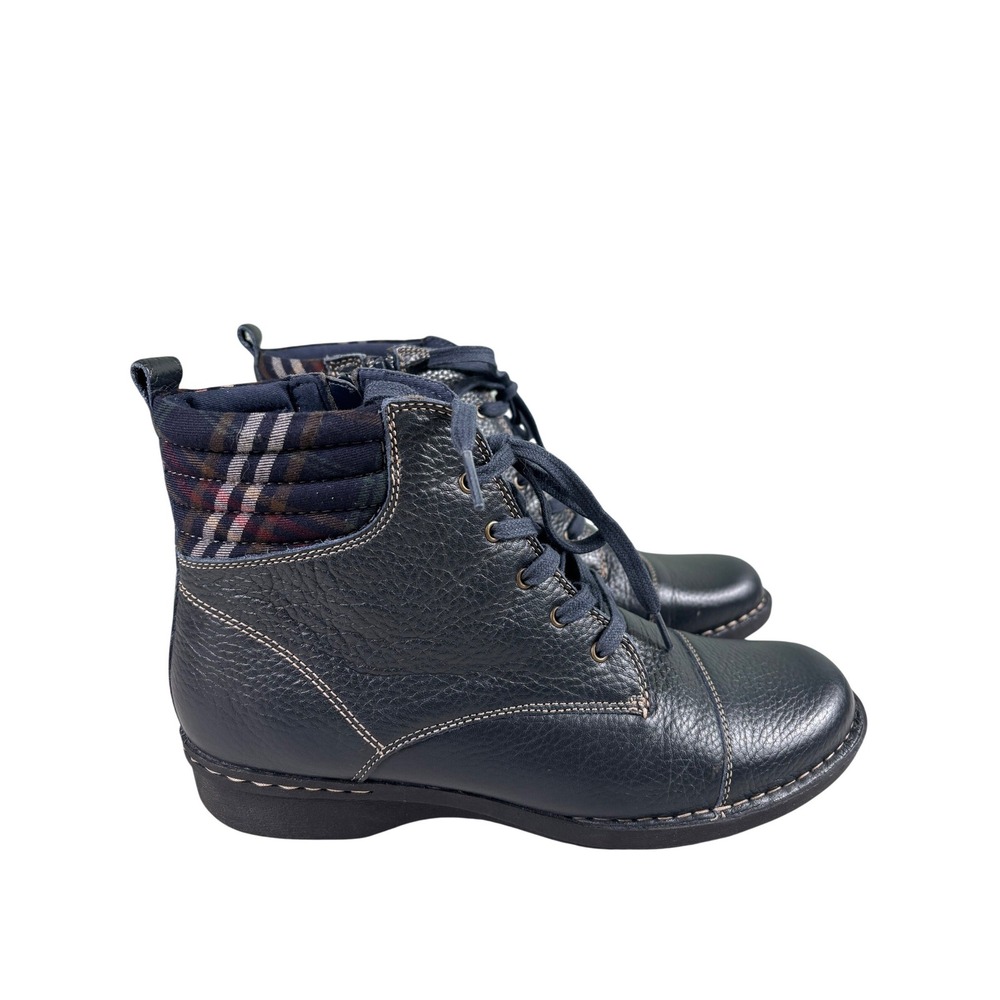 Clarks Women's Dark Navy Blue Leather Plaid Lined Lace Up Ankle‎ Boots Size 11
